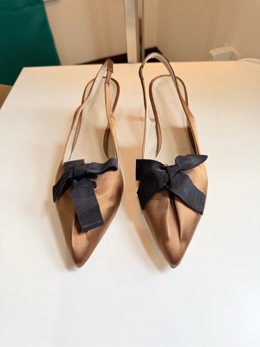 Theory Bronze Satin Slingback Heels Pointed Toe Black Bow Size 38.5 8.5 Italy - Picture 13 of 14